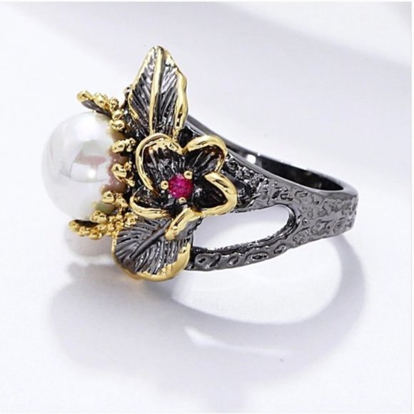 NEW Italian Jewelry Gold Flower Pearl Ring - Picture 8 of 14